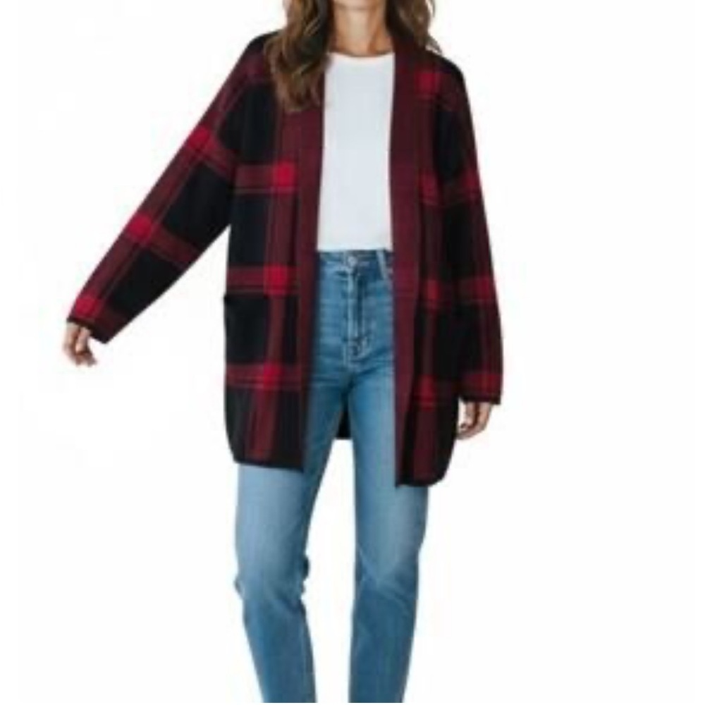 JJill Plaid Open-Front Cardigan Sweater - Red & Black Buffalo Plaid, size Small
